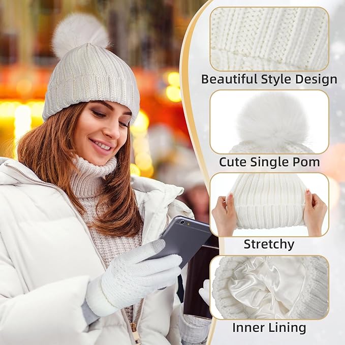 SATINIOR 5 Pcs Winter Satin Lined Hat Scarf Gloves Set Knit Pompom Beanie Warm Touchscreen Glove Earmuff Ear Warmer for Women