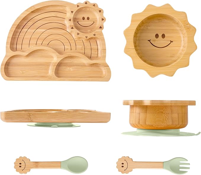Bamboo Suction Plates Bowls Set for Baby Toddler - Includes Bamboo Bowl, Divided Plate, Silicone Fork & Spoon, All-Natural Baby Feeding Set for Baby-Led Weaning