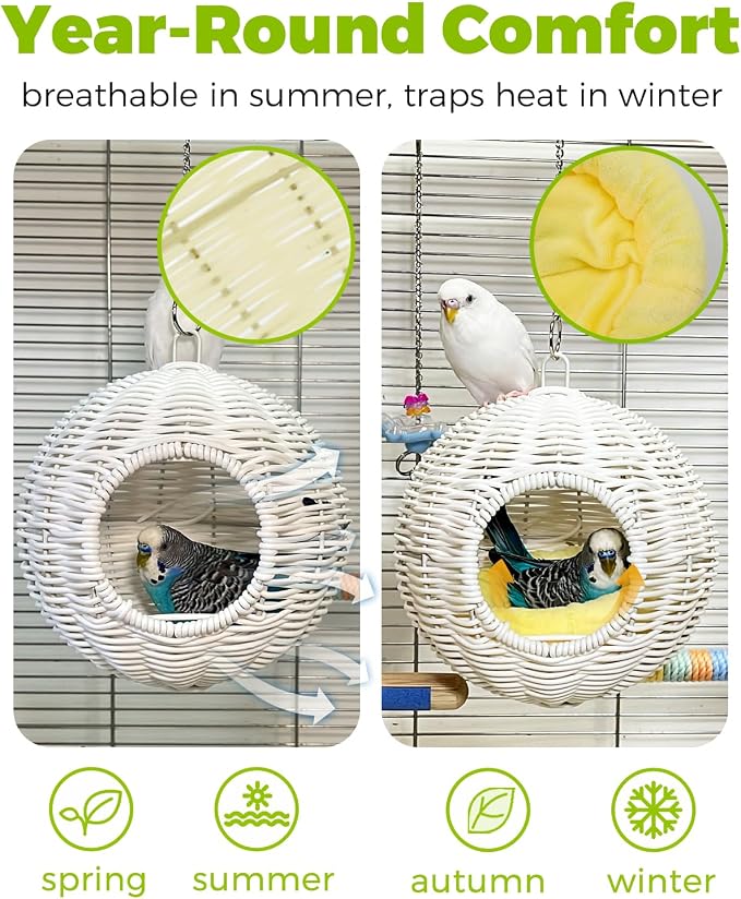 Chewproof Steel Frame Bird Nest for Cage, Washable Small Bed Hammock | Bird Hideout Lay Eggs Parakeet Nest Sleep Rest, Parakeet Warm Bed House Hut for Lovebird, Canary, Budgie, with Cushion