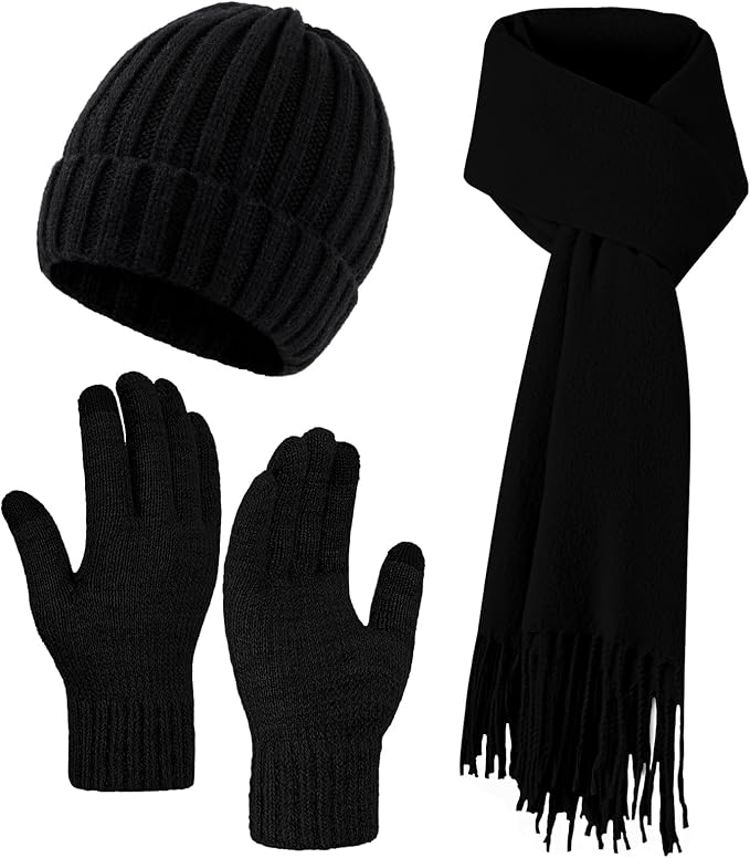 Women Winter Hat Beanie+Long Scarf+Touch Screen Gloves Set, Warm Clothes Set with Knit Fleece Lined for Women/Men Winter