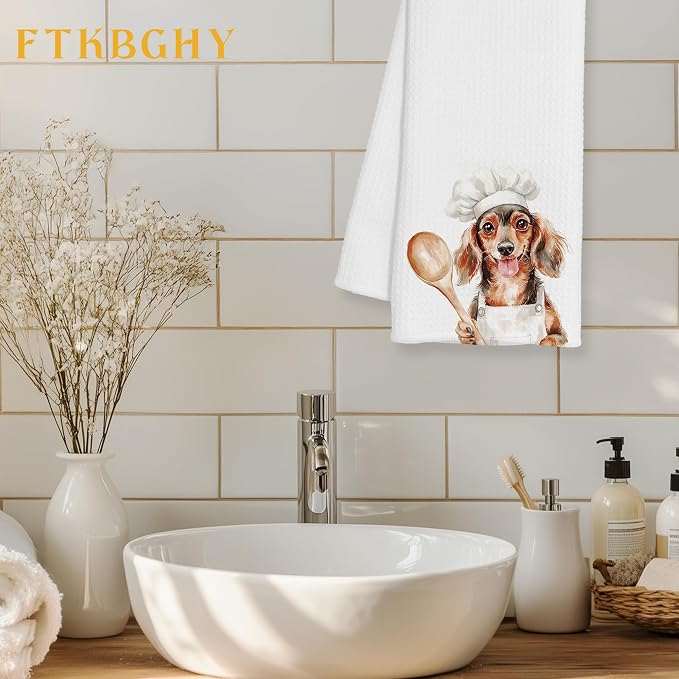 Funny Dachshund Chef Kitchen Towels, Dachshund Gifts for Women Men, Chef Gifts, Funny Wiener Dog Decorative Dish Hand Tea Towels for Kitchen Bakery, 16x24 Inch