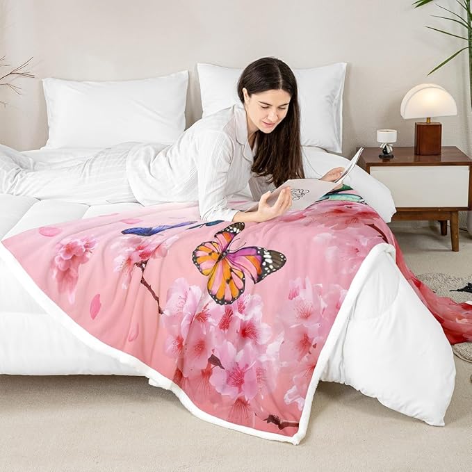 Feelyou Girls Butterfly Fleece Throw Blanket 40"x50" Kids Cherry Blossom Sherpa Blanket Plush Fuzzy for Bed Couch Chair Living Room, Chic Gorgeous Bed Blanket Room Decor