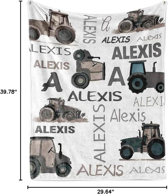 Personalized Tractors Blanket - Custom Name with Farm Tractor Trucks Design - Soft Plush Flannel Bed Blanket for Baby Kid Teen Boys Girls Customized Gifts White & Grey