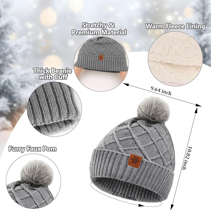 YARIEW Winter Hat Scarf and Gloves Set for Women, Warm Knitted Beanie with Pom Pom, Soft Ear Warmer Scarf, Warm Gloves