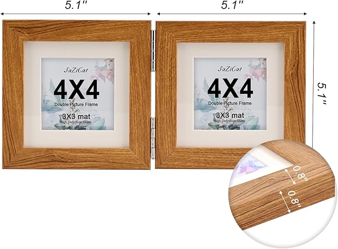 Double Hinged 4x4 Picture Frame with Real Glass-Tabletop or Wall Mounted, Display for 3x3 & 4x4 Photos (with/without Mat)-Rustic Brown, For Family Photos & Wedding Memories-Z44X2