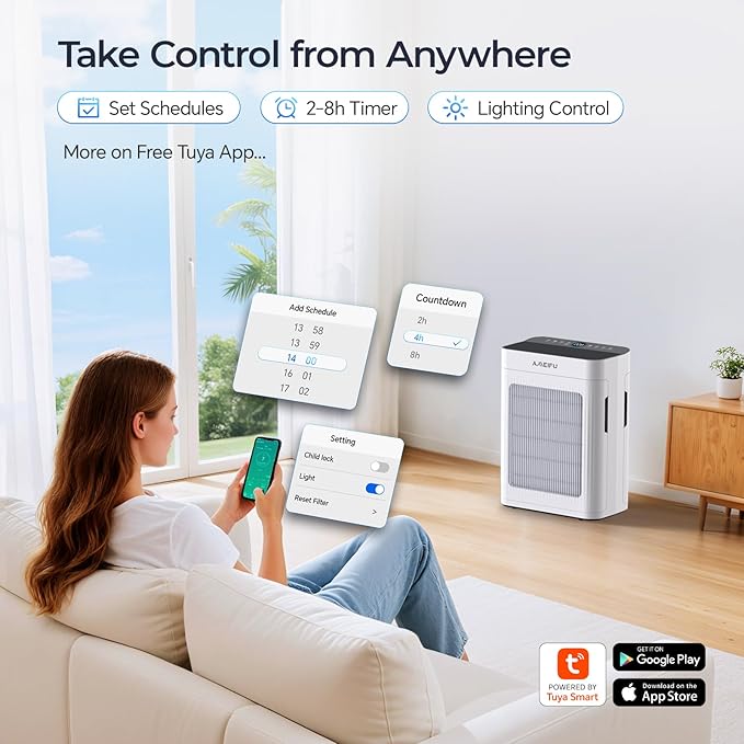 Air Purifiers for Home Large Room 3000 Ft2 with Washable Pre-filter, 3-Stage HEPA Double-Sided Air Purifier, Smart WiFi APP Control, Sleep Mode, Air Cleaner for Pets Hair, Dust, Smoke, White