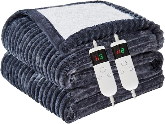 Heated Blanket Electric Queen, Soft Flannel Heating Blanket with 8 Hours Auto Off 10 Fast Heating Levels Machine Washable Sherpa Heated Blanket with Overheating Protection