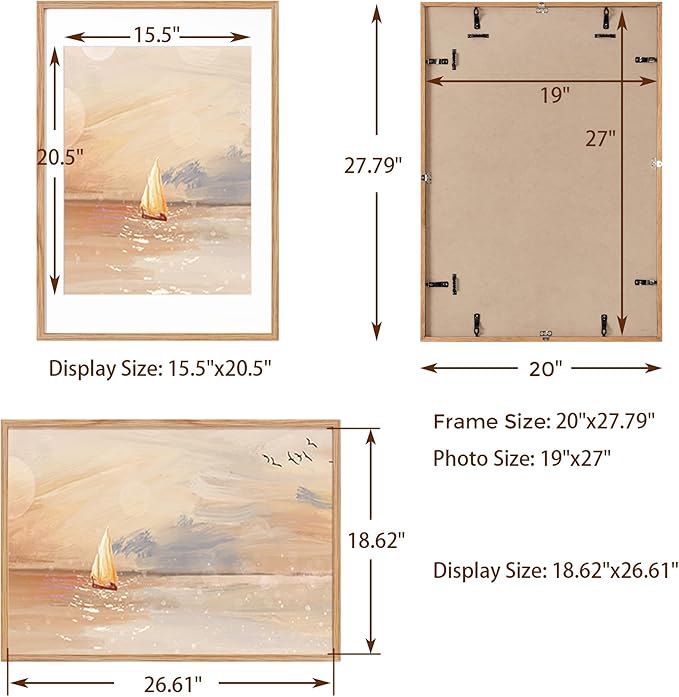 Fun Memories 19x27 Picture Frame, Solid Oak Wood, Tempered Real Glass, Matted to 16x21, Natural Oak Color, 1 Pack