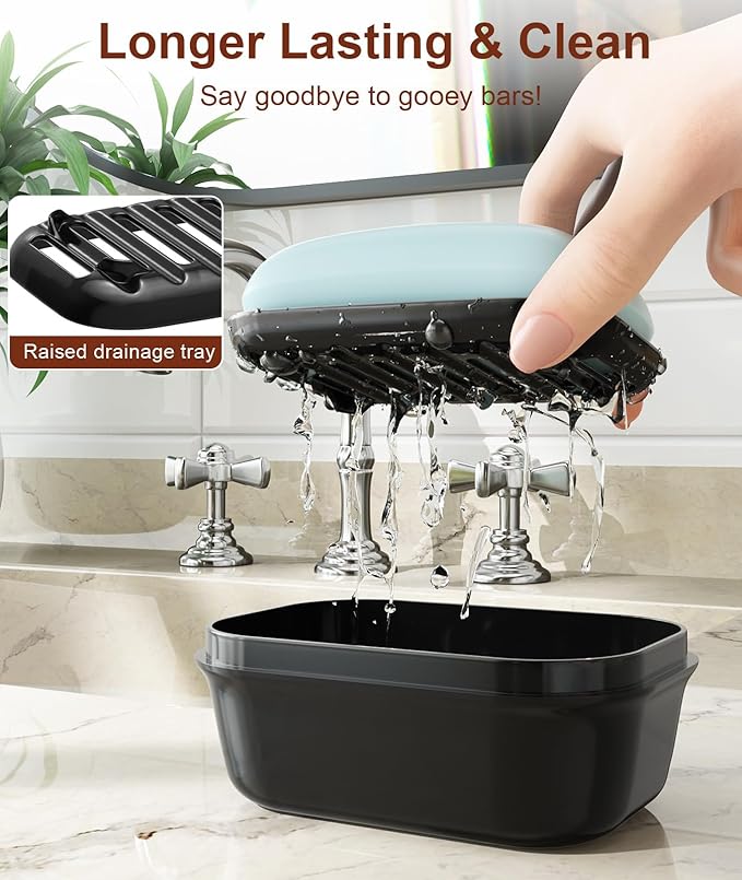 Quatish Leakproof Soap Dish with Lid & Draining Layer, Shatterproof Travel Bar Soap Holder Case Container, Portable Travel Size Toiletries Essentials for Camping, Gym, Bathroom, Black