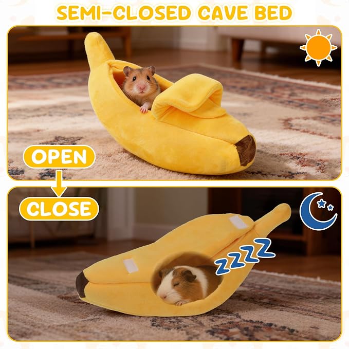 Midollarle Guinea Pig Bed, Plush Banana Snuggle Sack Hideout, Yellow S | 13.7 x 5.1 x 4.7 in S Size, Banana Cave, Peel-Open Design, PP Cotton Plush, Machine Washable, Ferrets and Hedgehogs