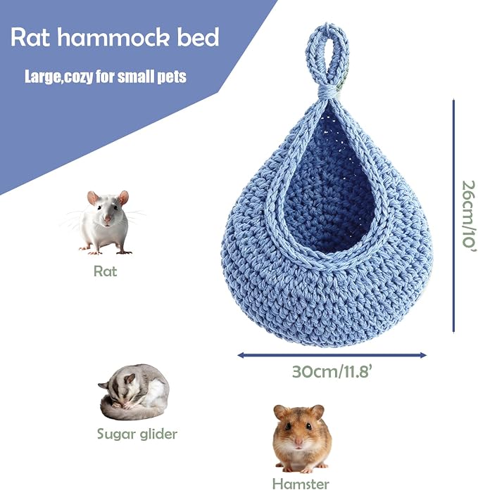 Small Pet Hammock Bed for Rats, Sugar Gliders, Rat Toys Soft Hanging Sleeping Hideout for Cage, Washable Comfortable Nest as Rat Cage Accessories，Blue
