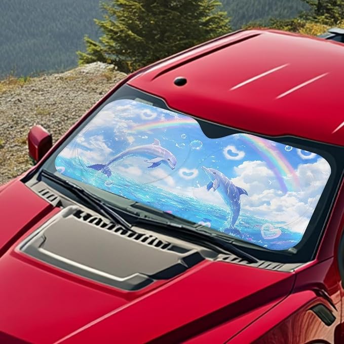 Cute Dolphin Front Window Sunshades Foldable Front Windshield Sun Shade for Heat Protection Blocking Harmful UV Rays & Heat