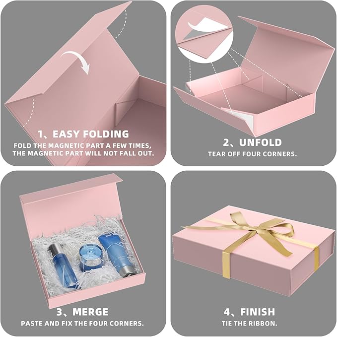 MOZRRO 5 Pack Gift Boxes with Lids, 11 x 8.2 x 2.3 Inches Packing Box for Presents Ribbon Magnetic Closure, Luxury Wrapping Gift Boxes for Weddings, Birthdays, Chrismas, Halloween, Pink