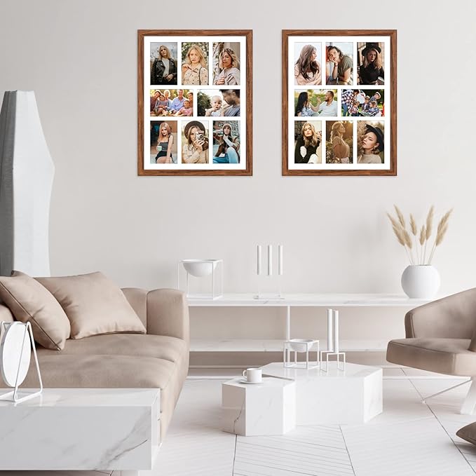 13x17 Collage frame with 8 Openings 4X6 Pictures, Multiple Picture Frame with Mat, Wall or Tabletop Decor, Carbonized Brown Wood Grain,2 Pack