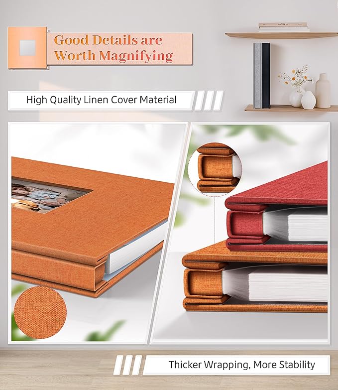 Photo Album Self Adhesive Scrapbook Album for 3x5 4x6 5x7 8x10 Pictures,60 Pages Linen Cover with Display Window DIY Photo Book,Ideal Gifts for Family Travel Wedding Baby