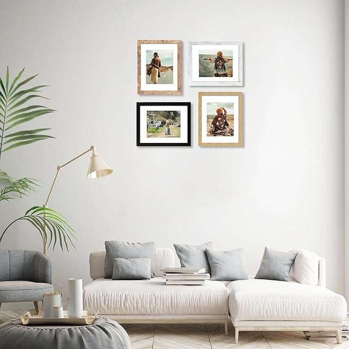 iRahmen 11x14 Picture Frame Set of 4, High Definition Tempered Glass 11 x 14 Frames Display 8x10 Pictures with Mat, Mixed Color Wood Photo Frame Wall Mounting