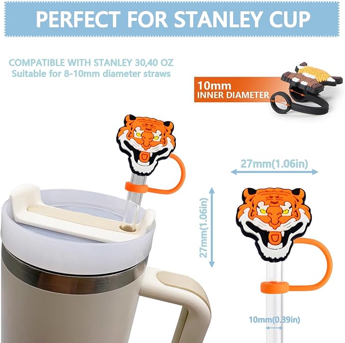 Animal Straw Toppers For Stanley Cups;Straw Covers Cap Toppers Compatible With Stanley 30&40 Oz Tumbler, Reusable & Silicone Tumbler Straws Topper For 0.4 Inch Tips Animal Lover Gifts (Tiger)
