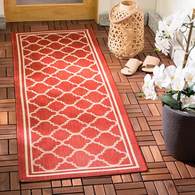 SAFAVIEH Washable Rug Outdoor Courtyard Collection - 2'3" x 22' Runner, Red & Bone, Non-Shedding & Easy Cleaning, Ideal for Patio, Entryway, Mudroom, Hallway, Kitchen (CY6918-248)