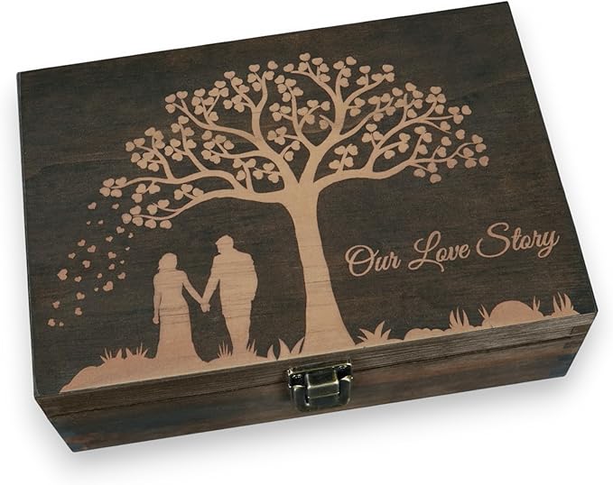 Engraved Wedding Memory Box – Wooden Keepsake Box for Bride & Groom, Marriage Vows, or First Anniversary – Medium Size – Dark Walnut – 8.5 x 6 x 3 in