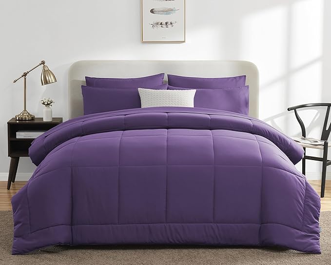 CozyLux King Size Comforter Set Purple, 7 Pieces Bed in a Bag, Purple Comforter King Size, All Season Bedding Sets with Stitch Quilted Comforter, Flat Sheet, Fitted Sheet, Pillowcases