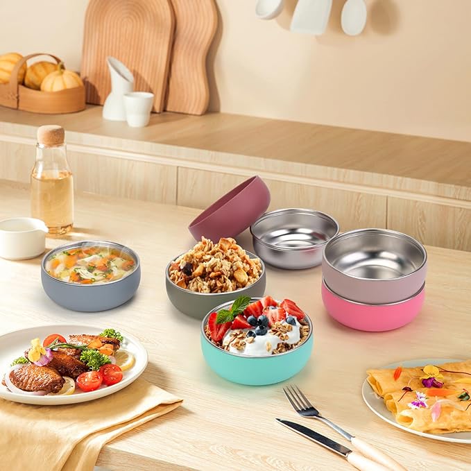ShineMe Stainless Steel Bowls for Kids, 6 pack Toddler Bowls with Removable Colorful Silicone Sleeve, Unbreakable Baby Bowls for Soup, Cereal, Yogurt, Snacks...