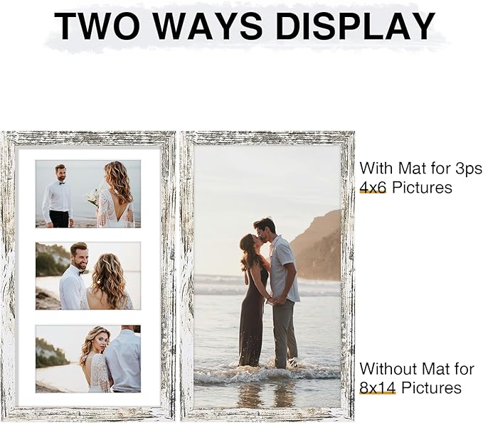Vittanly 8x14 Picture Frames Collage Wall Decor, Displays 3Pcs 4x6 Pictures with Mat or 1Pcs 8x14 without Mat, Collage Picture Frame for Horizontal or Vertical Display, Distressed White, 1 Pack