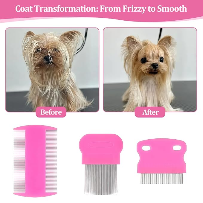 6 Pack Pet Grooming Combs, Stainless Steel Dog and Cat Grooming Combs with Rounded Teeth, Double-Sided Professional Pet Tear Stain Remover for Small, Medium, and Large Pets (Pink)