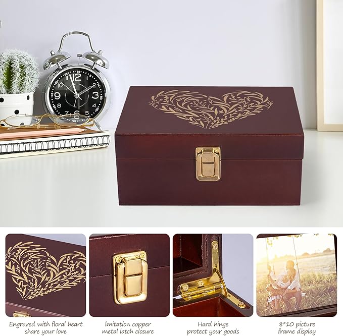 Small Wooden Memory Keepsake Boxes With Hinged Lids and a photo frame inside the lid - Decorative Storage Box With a Hinge Lids For Picture Letter Time Capsule - Wooden Gift Boxes，3.1“*5.1”*7.1“