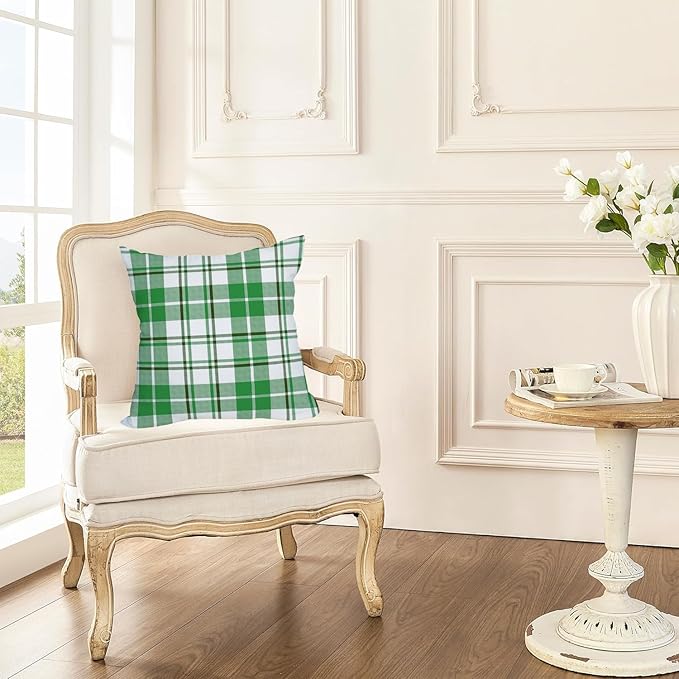 Fukeen 2 Pack Waterproof Outdoor St. Patrick's Day Pillow Covers 16x16 Inch Green and White Buffalo Plaids Checked Throw Pillow Cases Spring Farmhouse Decorations Cushion Cover Double Sided