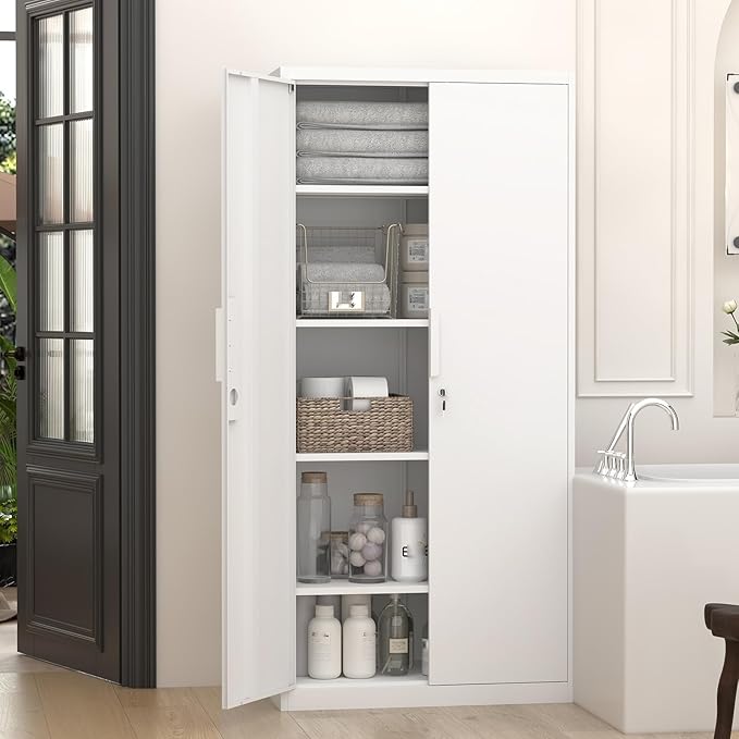 GREATMEET Metal Garage Storage Cabinets, 72" Tall Locking Cabinets with Doors and Shelves, Utility Cabinet with Lock for Garage, Home, White