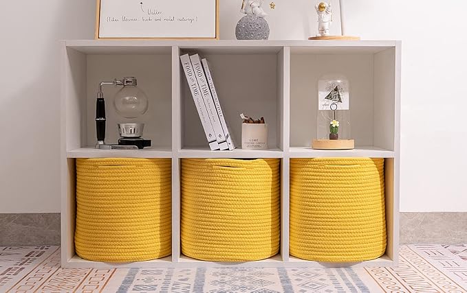voten Round Storage Cubes Baskets Bins Organizer 11x11x11'' Fit 12x12'' Cube Storage Organizer Bookcases Shelf, Durable Woven Cotton Rope Basket, 3Pack Yellow