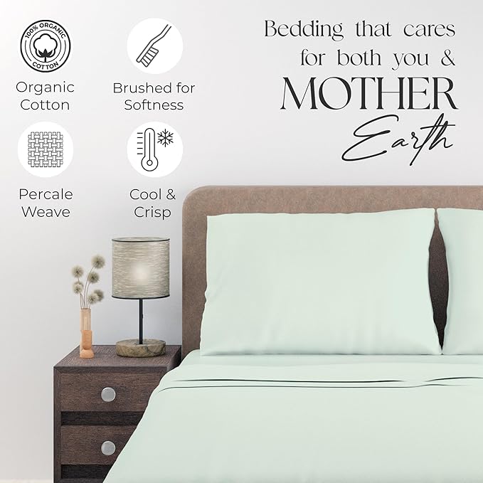 SUPREME ELEGANCE 100% Organic Cotton Twin Sheet 3 Pcs Set, Cotton Sheets with 16” Deep Pocket, Pastel Green | Bed Sheets for College Dorm Essential, Crisp & Breathable, Percale, Comfy, Cooling