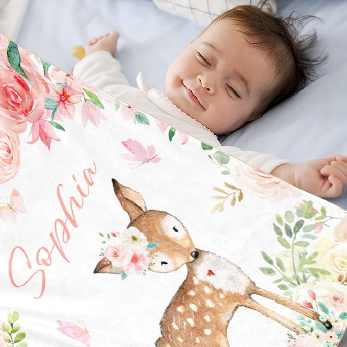 Personalized Deer Blanket with Name for Girl, Custom Name Blanket for Teen, Soft Flannel Deer Blankets Customized Gift for Birthday 50"x60"