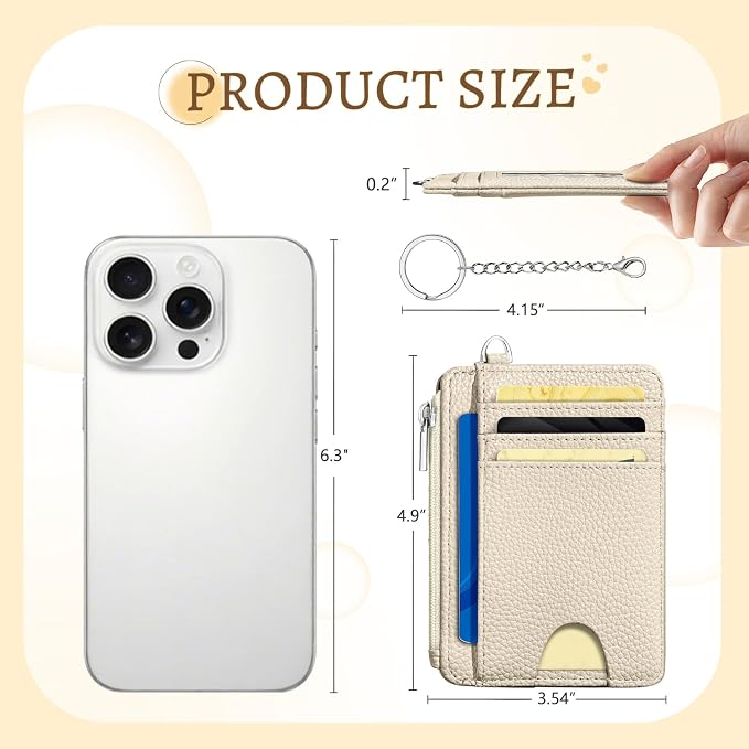 Kelvoris Credit Card Holder Small Wallet Women, Slim RFID, Beige | Keychain, Zipper Coin Pocket, Front Pocket Thin Travel Card Case, Minimalist, 6 Card Slots, 1 ID Window, Ladies Gifts Woman