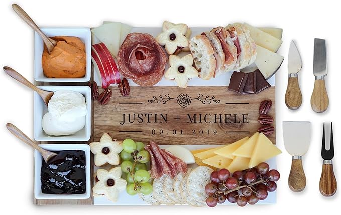 Personalized Wedding Gifts for Couples,Marble Wood Charcuterie Board,Newlyweds,Bridal Shower Gifts for Bride, Husband,Wife,Engagement Gifts,Mr and Mrs Gifts,Custom Laser Engraved Cheese Serving Board