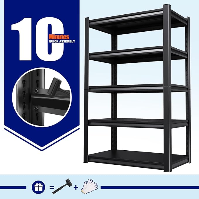 46" W Garage Shelving Heavy Duty Storage Shelves, Metal Adjustable Shelving Unit, Utility Garage Organizer Shelf for Basement, Pantry, Kitchen, Warehouse, 20" D x 46" W x 71.2" H, Black