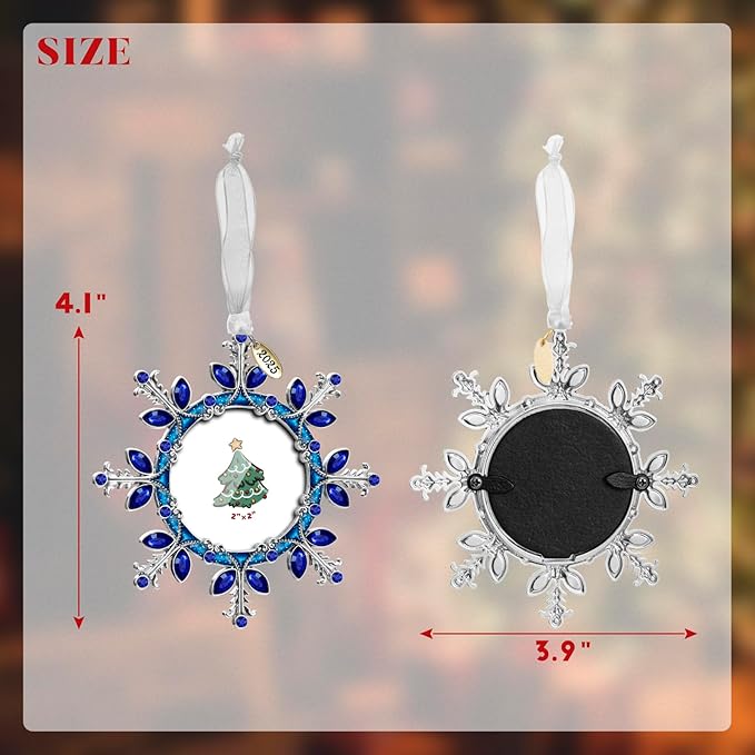 2025 Christmas Tree Ornament Snowflake Picture Frame Metal Hanging Pendant Holiday 2" Photo Frame Charm Decorative of Pets, Baby First Christmas, Family (Blue)
