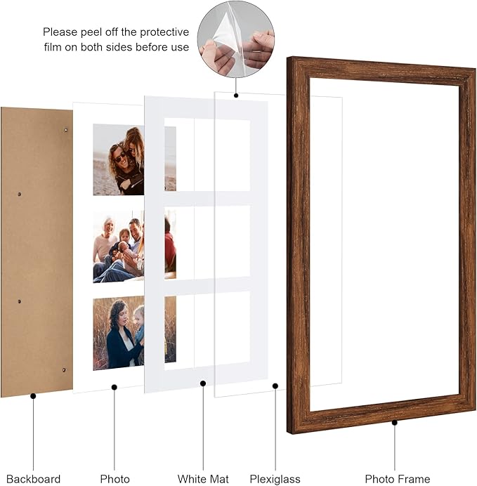 8x14 Collage frame with 3 Openings 4X6 Pictures, Multiple Picture Frame with Mat, Wall or Tabletop Decor, Carbonized Brown Wood Grain (1 Pack)
