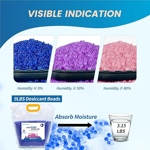 Net 9LBS Blue Indicating Silica Gel Beads Desiccants (Industry Standard 3-5 mm) - Reusable Desiccant Beads Silica Beads [Blue to Pink]