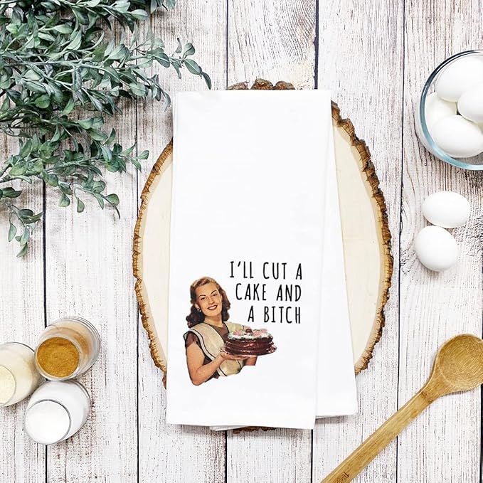 Andaz Press Funny Retro Kitchen Towel, Flour Sack Tea Towel, I'll Cut A Cake and A Bitch, Kitchen Gifts for Mom, Women Daughter, Hostess, Birthday, Housewarming Kitchen Decor