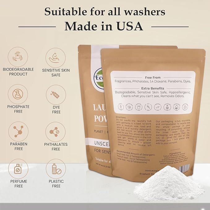 Natural Laundry Detergent Powder : Unscented Powder Laundry Detergent, Sustainable Products, Kids & Toddler Safe, 80 Loads, Biodegradable, Super Washing Soda Formula, USA Made