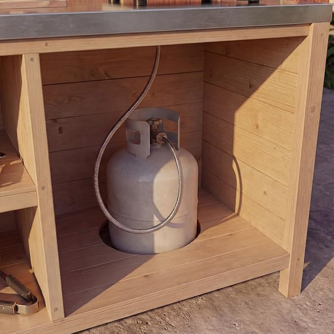 MOUMON Patio Grill Prep Table with Propane Tank Storage, Solid Cedar Patio Cabinet with Stainless Steel Top, Outdoor Cooking Station, Propane not Included, Oak 51.2”W x 23.6”D x 27.6”H
