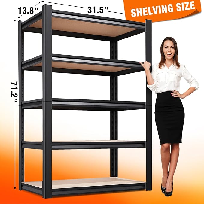 71.2''H Storage Shelves, 2500lbs Garage Shelving,Adjustable Heavy Duty Shelving Unit,5T Tall Garage Shelves，Wood Metal Standing Shelf Units,Utility Rack for Kitchen 71.2''H*31.5''W*13.8''D