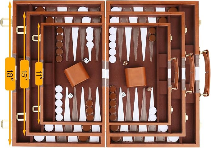 Backgammon Set - Classic Board Game with Premium Leather Case - Portable Travel Strategy Backgammon Game Set for Adults, Kids (11inch, Brown)
