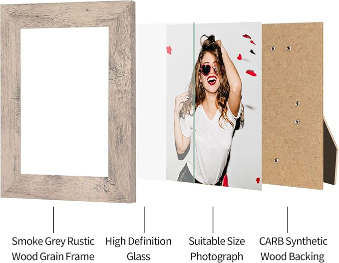 iRahmen 5x7 Picture Frame Set of 4, Smoke Gray Frame with High Definition Glass, 5 x 7 Wood Photo Frames for Tabletop Display and Wall Mounting