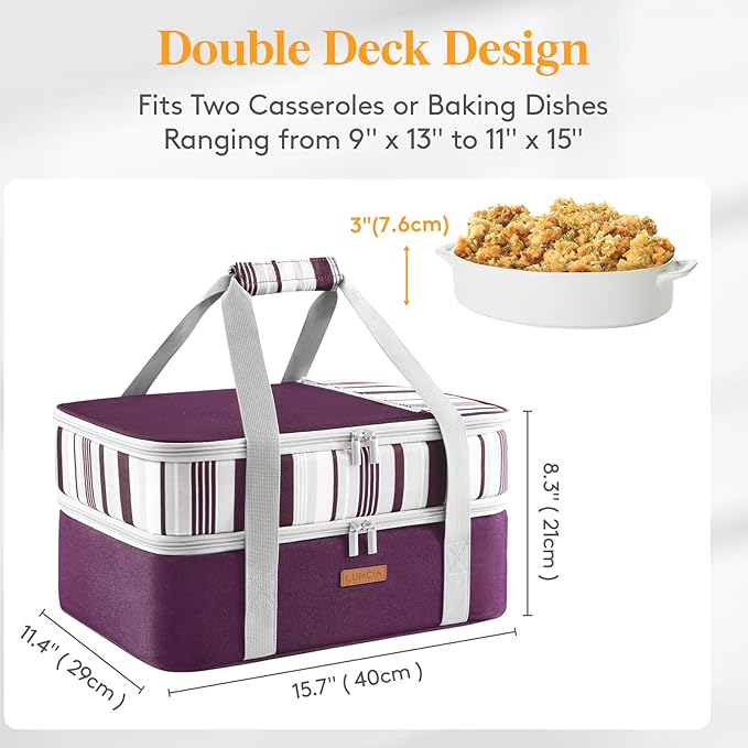 LUNCIA Insulated Double Decker Casserole Carrier, Lasagna Lugger Tote Keeps Food Hot or Cold, Thermal Lunch Bag for Potluck Parties, Picnic and Cookouts, Fits 9" x 13" Baking Dish, Purple