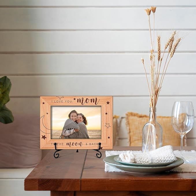 Mother Gifts - I Love You Mom To The Moon And Back - Wooden Photo Frame, Gifts For Christmas Halloween Tabletop Display 4x6 Photo Home Decor Party Decor Rustic Picture Frames With Stand for Mama -35