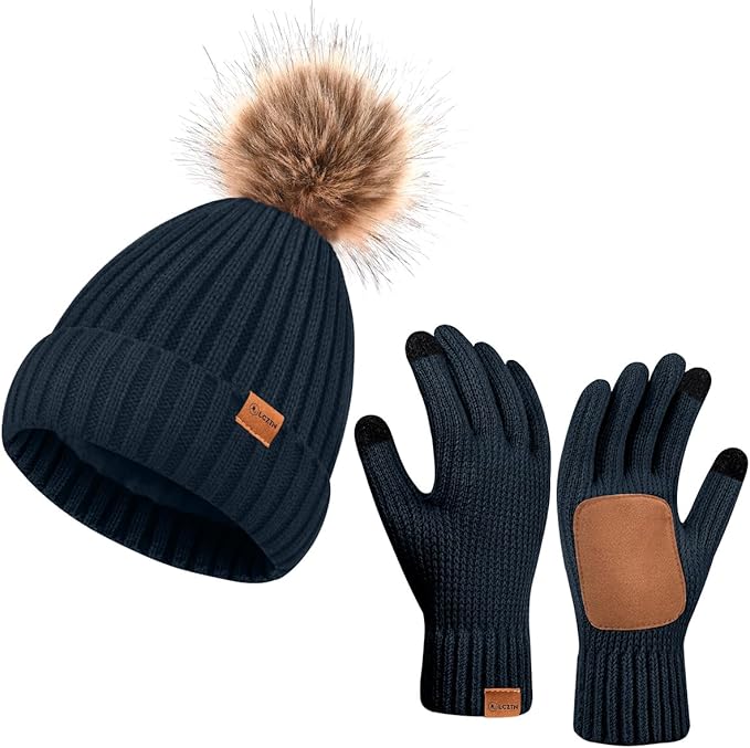 Womens Winter Beanie Hat Gloves Set,Fleece Lined Warm Knit Pom Pom Ski Hat Touchscreen Gloves Set Gifts for Cold Weather