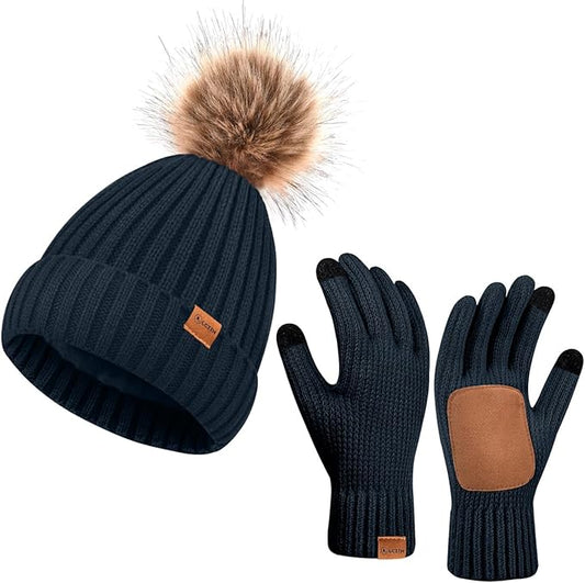 Womens Winter Beanie Hat Gloves Set,Fleece Lined Warm Knit Pom Pom Ski Hat Touchscreen Gloves Set Gifts for Cold Weather