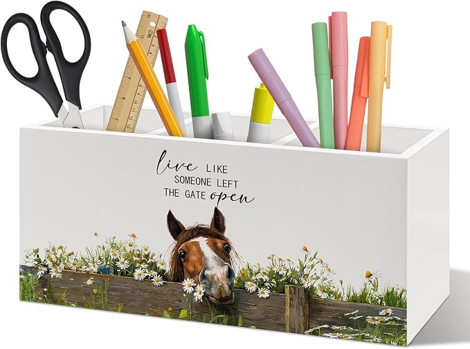 Farmhouse Horse Pen Holder Organizer Desk Decor, Gifts for Horse Lovers, Live Like Someone Left the Gate Open Wooden Pen Pencil Holders for Home Office Desk Accessories